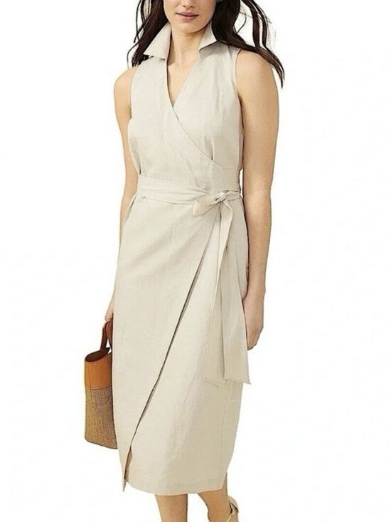 J. McLaughlin Dresses & Skirts - J. McLaughlin Wrap Midi Dress Linen Blend Sand Color Size Small NEW